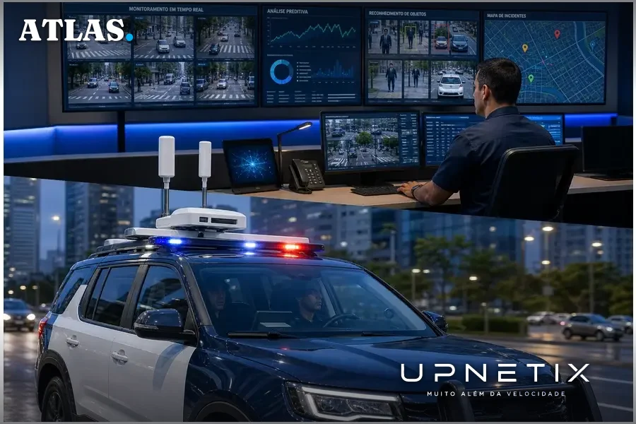 Viatura de segurança pública equipada com tecnologia Vehicle as a Node (VaaN) em operação, operador monitorando dados em central de comando.