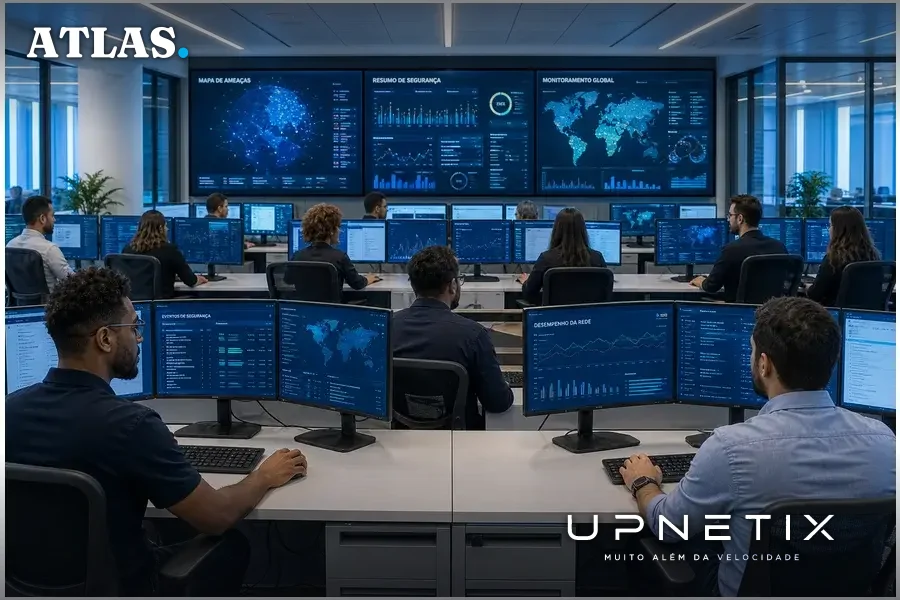 Equipe de especialistas em cibersegurança operando centro de monitoramento da nova empresa fusionada Vision e Tempest