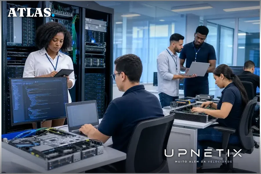 Equipe de tecnologia trabalhando em laboratório de IA com servidores e computadores de alta performance.
