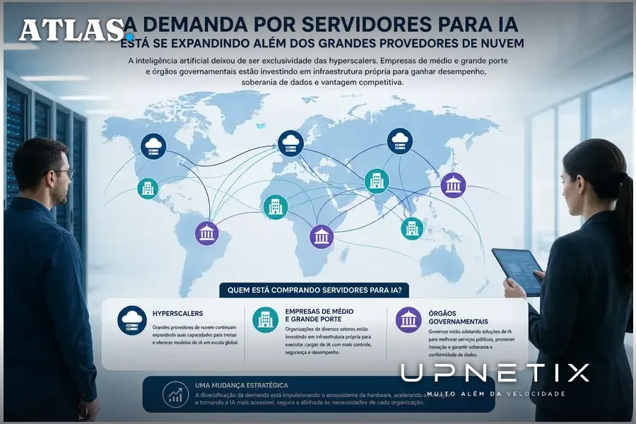 Mapa mundial ilustrando expansão da demanda por servidores para IA em vários setores e regiões.