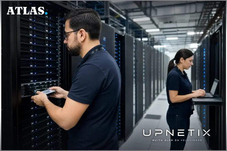 Racks de servidores de alta tecnologia representando infraestrutura de nuvem para IA corporativa