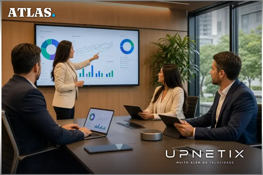 Executivos em reunião corporativa discutindo integração de IA e contratos digitais.