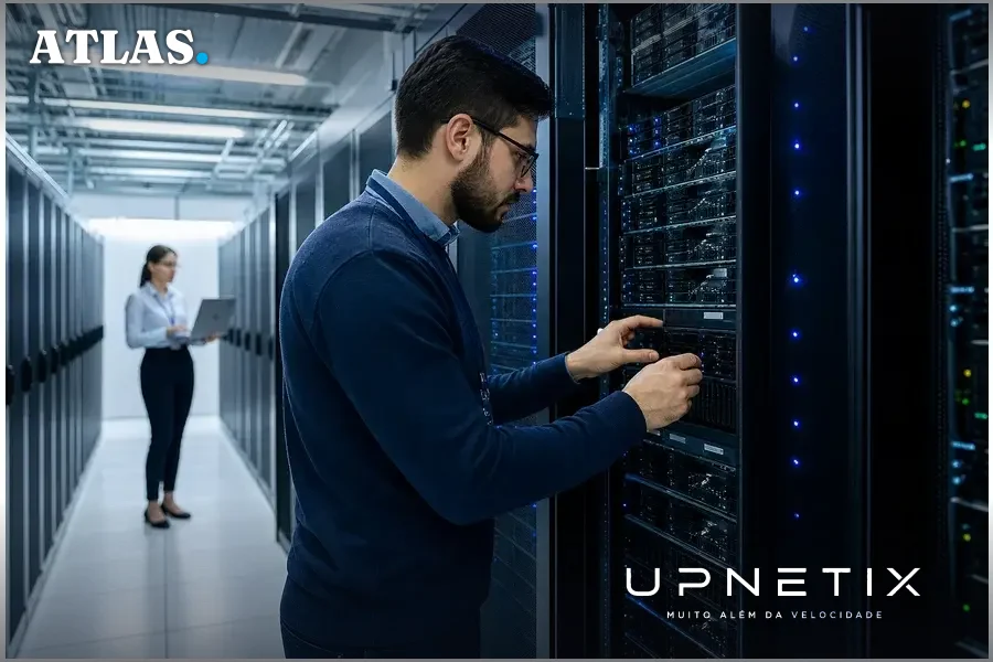Sala de servidores modernos representando infraestrutura de nuvem para bancos.
