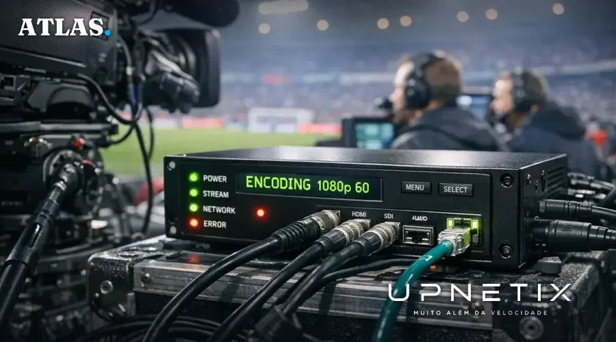 Equipamentos de transmissão, como encoders e câmeras, trabalhando em tempo real no estádio durante um jogo.