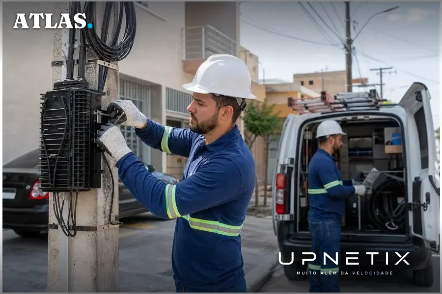 Técnicos de pequena provedora de internet realizando instalação de rede