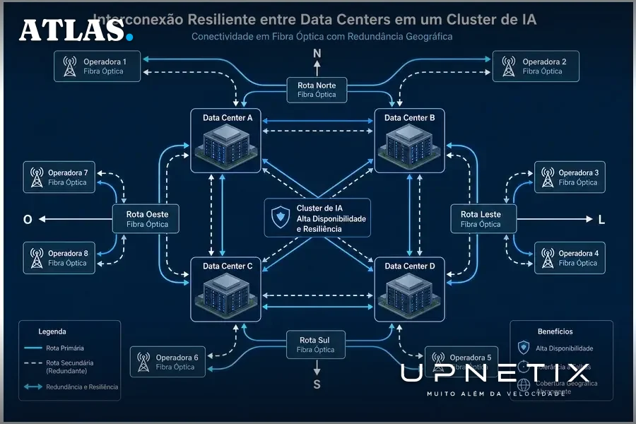 Diagrama da interconexão redundante entre data centers e operadoras em cluster de IA.
