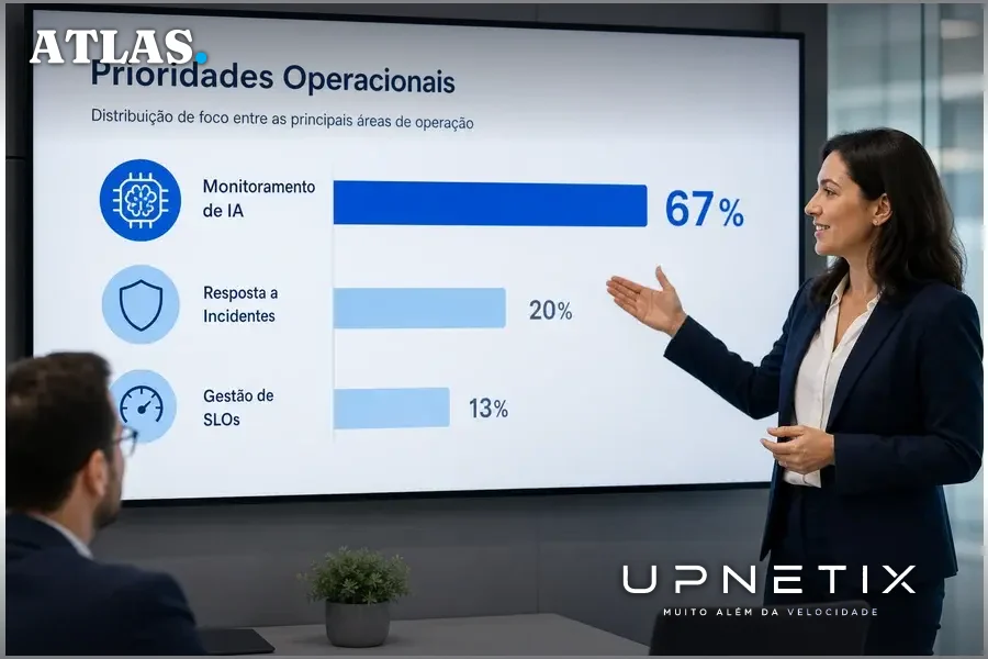 Gráfico de barras profissional mostrando 67% dos SREs priorizando monitoramento de IA