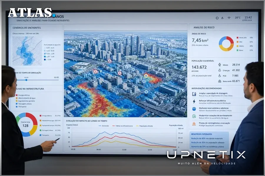 Painel digital com simulação de gêmeos digitais urbanos mostrando riscos de enchentes e intervenções.