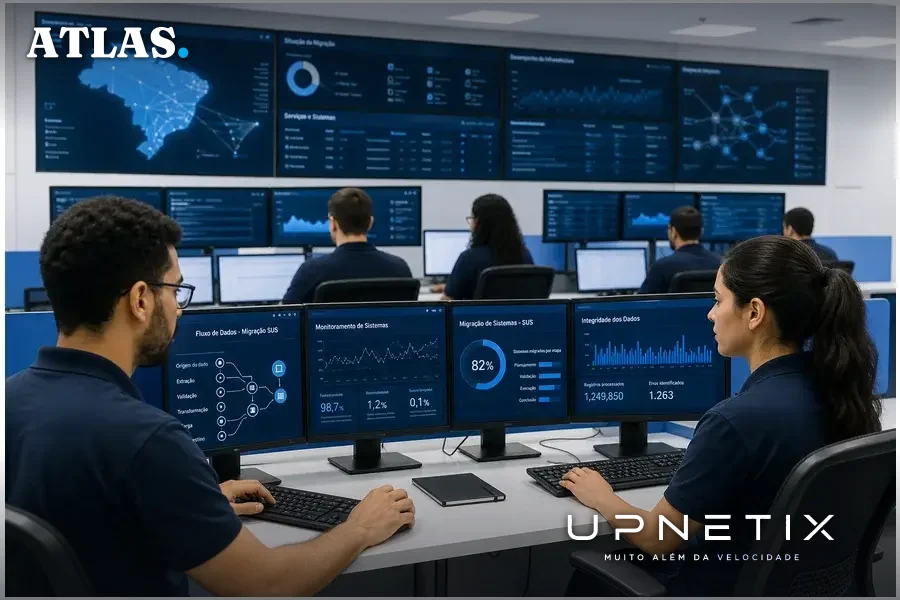 Profissionais de TI monitorando sistemas digitais de saúde em sala de controle, simbolizando a equipe do DataSUS e Serpro na migração.