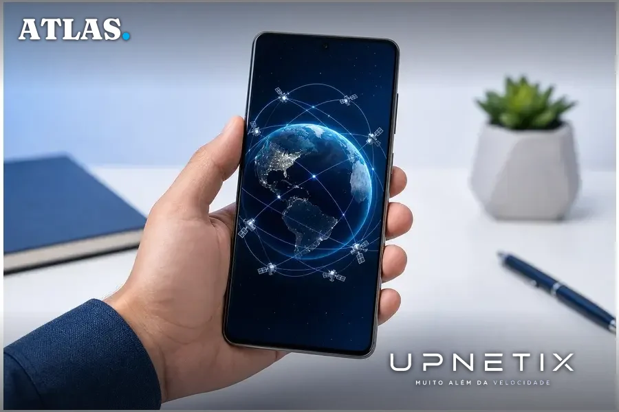 Smartphone Samsung exibindo conexões via satélite em um mapa da Terra, simbolizando conectividade global por satélites Starlink.