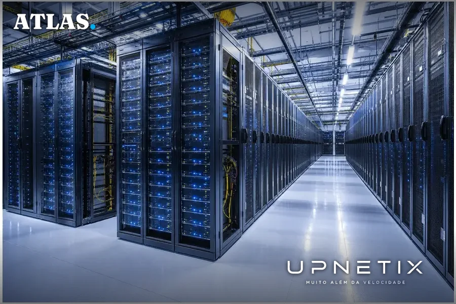 Data center moderno com servidores iluminados em luz azul e branca