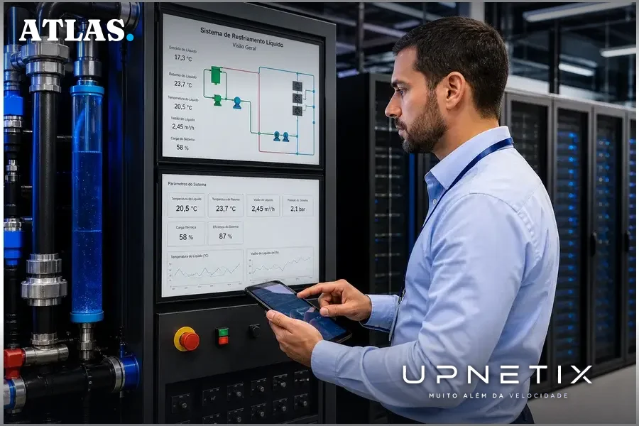Técnico monitorando sistema de resfriamento líquido em data center