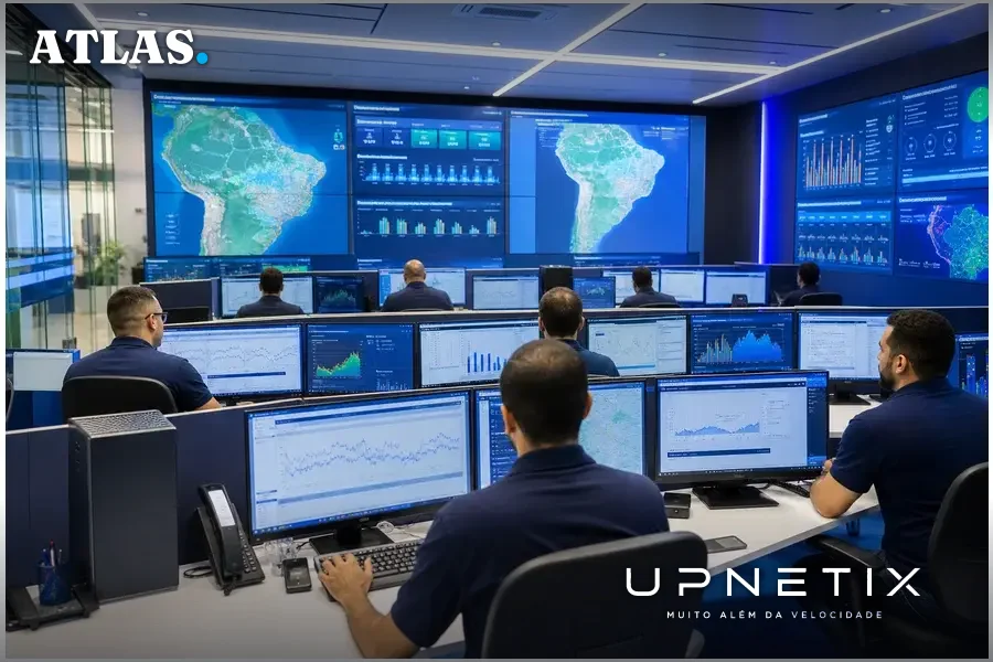 Sala de controle de rede móvel com técnicos monitorando tráfego de dados em monitores.