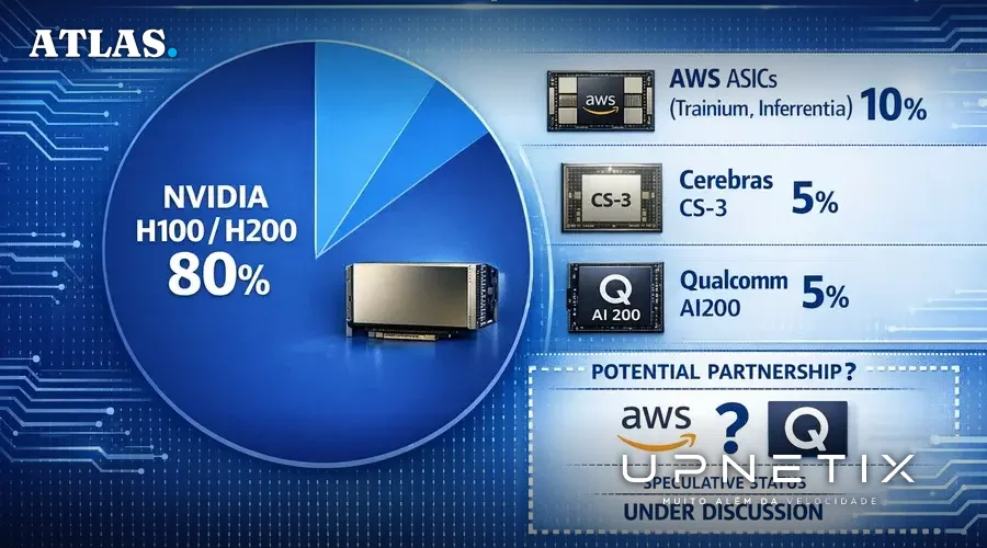 Infográfico comparando participação de mercado entre NVIDIA, AWS ASICs, Cerebras e a entrada da Qualcomm AI200.