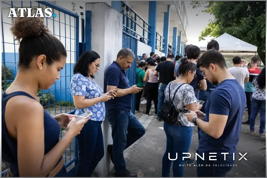 Eleitores usando smartphones em local de votação com alta demanda de rede móvel.