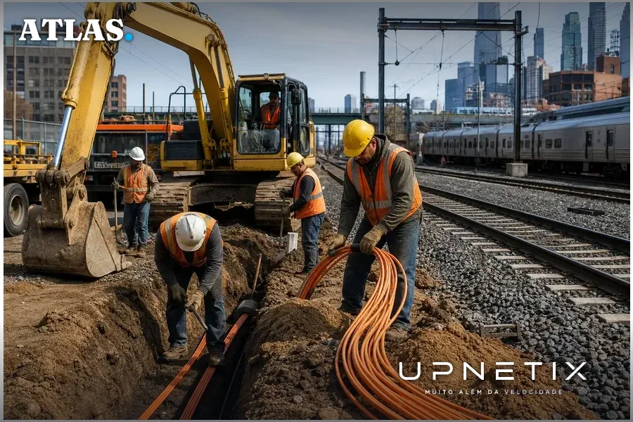 Equipe de construção civil trabalhando perto de trilhos ferroviários e cabos de fibra óptica em Nova Jersey.