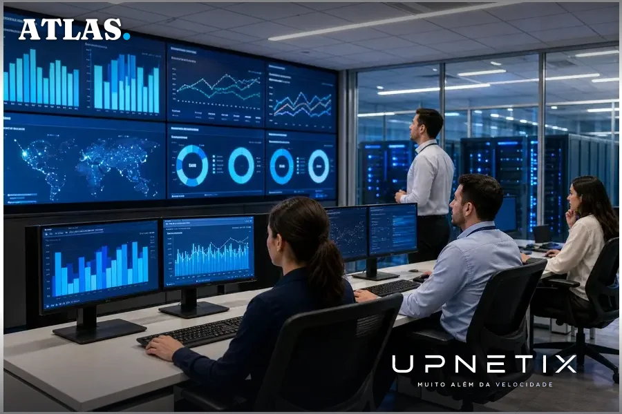 Equipe de TI monitorando infraestrutura crítica em centro de operações de data center.