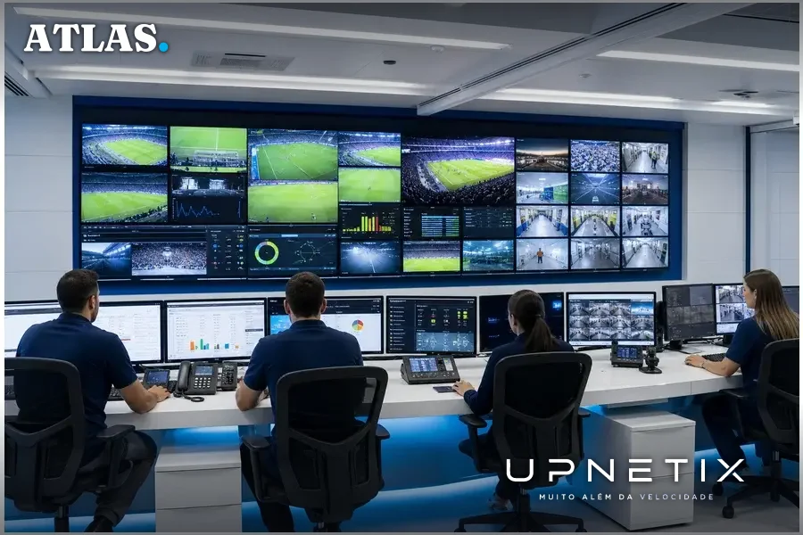 Sala de controle com operadores monitorando operações e transmissões no estádio
