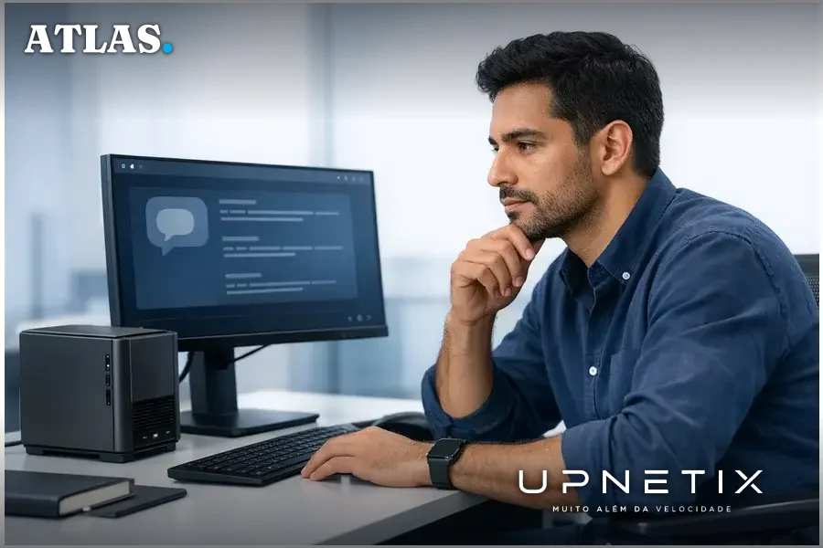 Engenheiro de TI brasileiro operando um desktop compacto rodando IA avançada localmente em ambiente corporativo realista.
