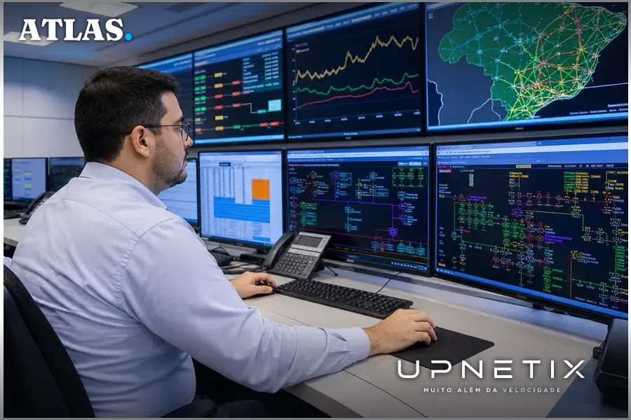 Operador do sistema elétrico em sala de controle monitorando a rede
