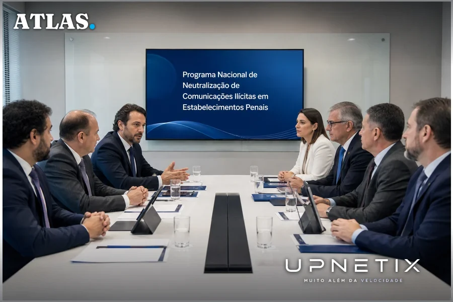 Reunião entre agentes públicos e reguladores discutindo o programa nacional para bloqueio de comunicações ilícitas em presídios.