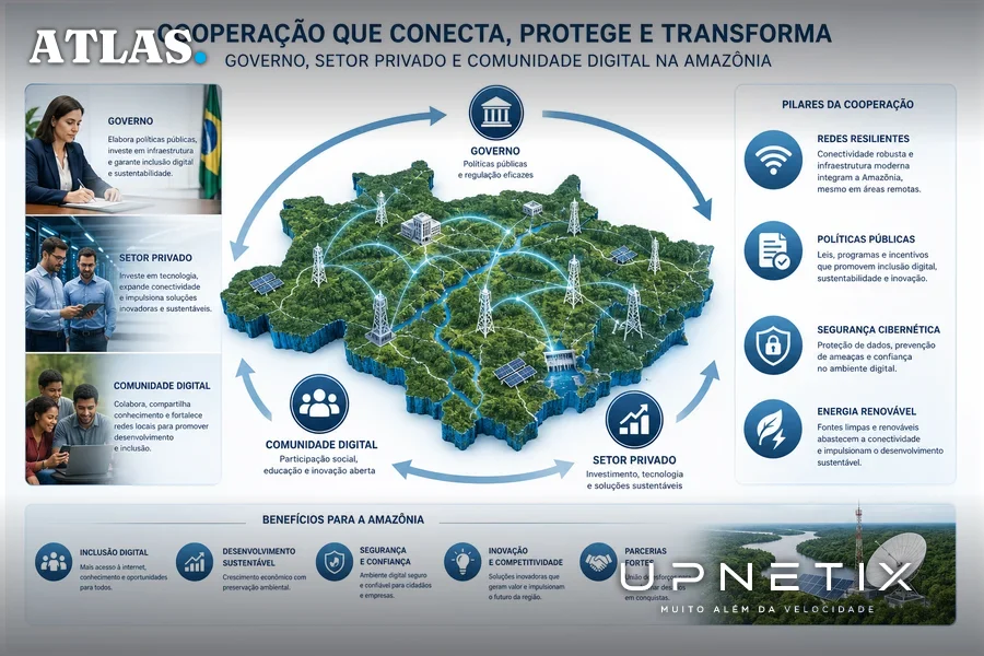 Mapa ilustrado da Amazônia mostrando integração de atores e tecnologias para soberania digital