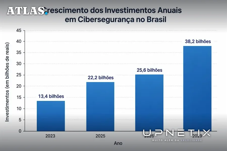 Gráfico realista mostrando crescimento dos investimentos em cibersegurança no Brasil de 2023 a 2029