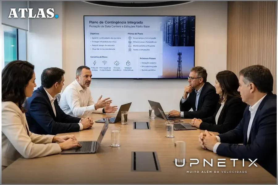 Reunião realista de executivos de operadoras de telecomunicações brasileiras discutindo segurança digital em sala corporativa clara.