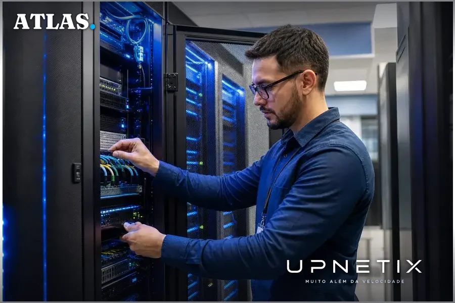 Profissional de TI brasileiro operando servidores em data center moderno, representando desafios e operação na cibersegurança.