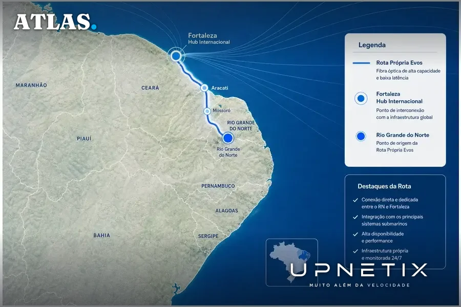 Mapa da rota de fibra óptica da Evos do Rio Grande do Norte a Fortaleza