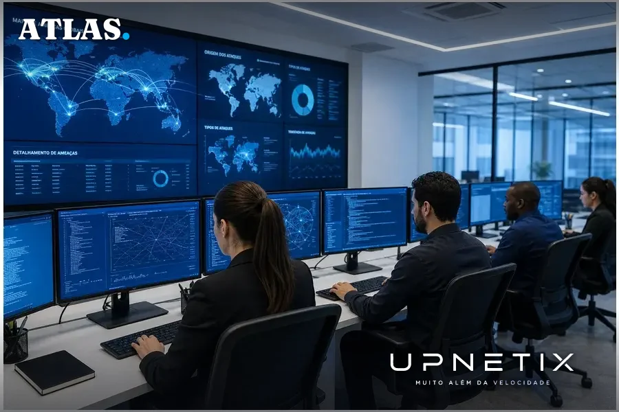 Equipe de segurança cibernética monitorando ataques globais em sala de controle moderna