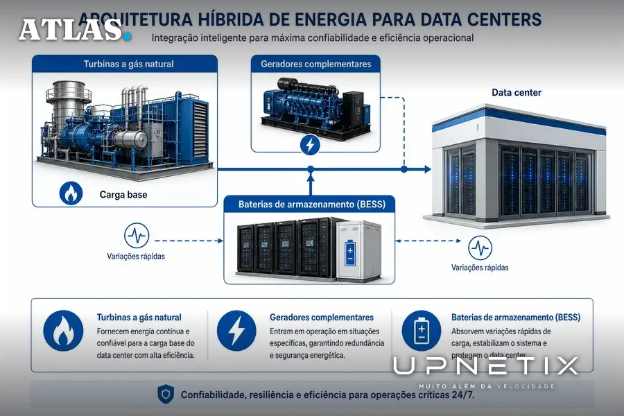 Diagrama mostrando a combinação híbrida de turbinas a gás, geradores e baterias para fornecimento de energia em data centers.