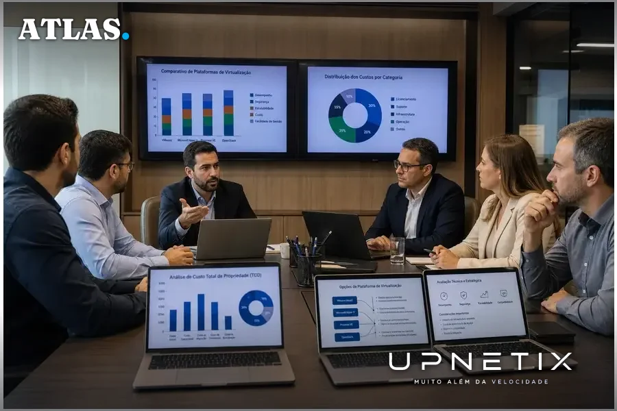 Executivos e gestores de TI discutindo migração de virtualização em reunião corporativa