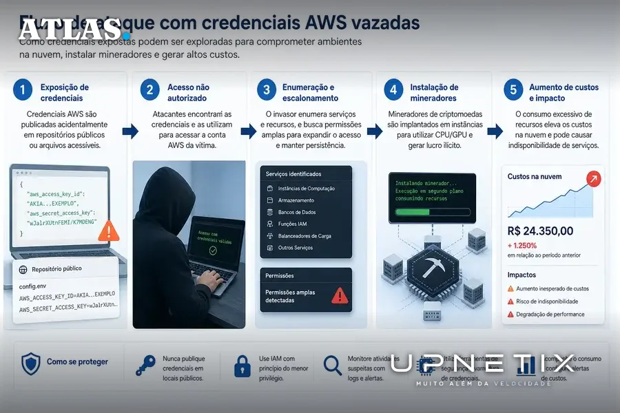 Diagrama didático do fluxo de ataque por chaves AWS vazadas, mostrando exposição, invasão e consequências financeiras.