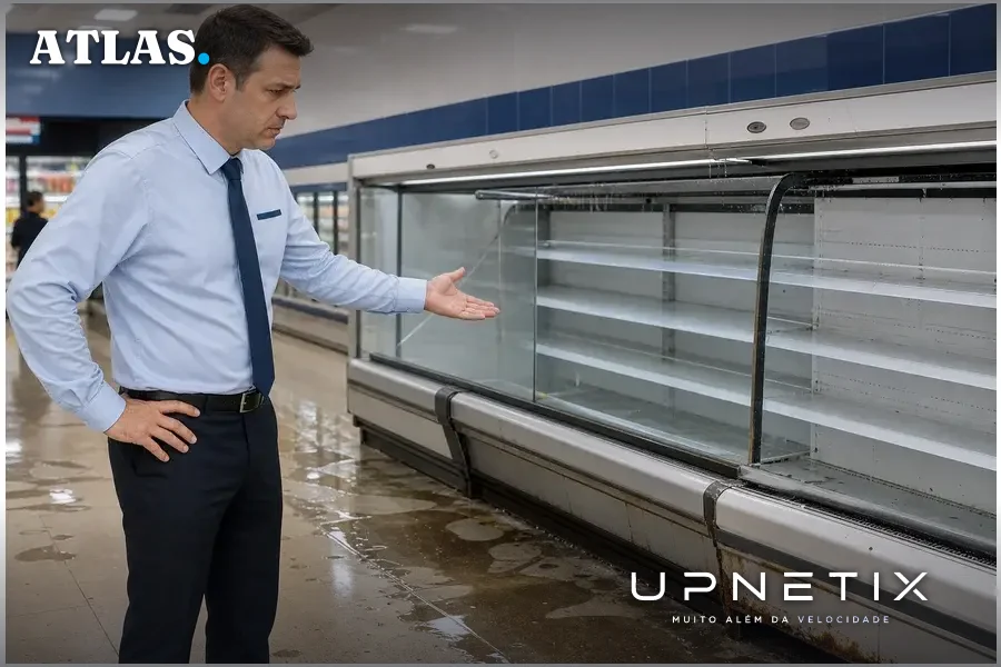 Gerente de supermercado francês diante de freezer danificado após ataque hacker.