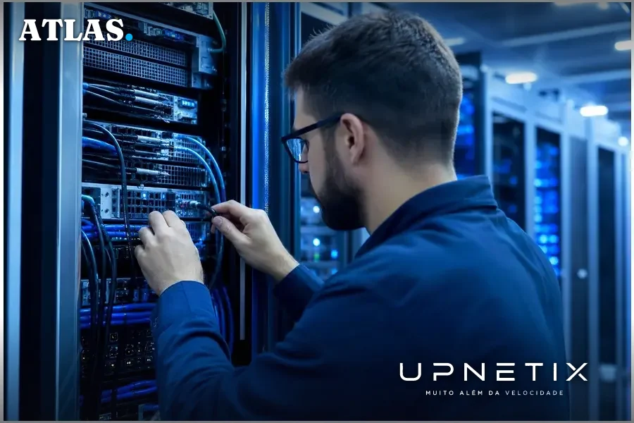 Profissional de TI acessando painel de controle vulnerável em datacenter