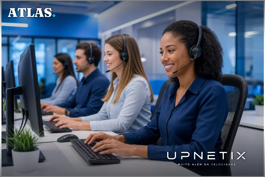 Equipe de atendimento da Órigo Energia em operação, com operadores usando headsets e computadores em ambiente corporativo moderno.
