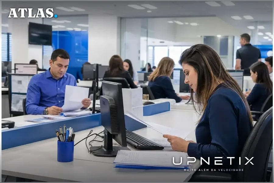 Profissionais de operadora de telecom analisando documentos fiscais e trabalhistas em escritório moderno.