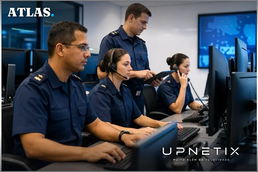 Equipe da Diretoria de Comunicações e Tecnologia da Informação da Marinha em centro de controle tecnológico.