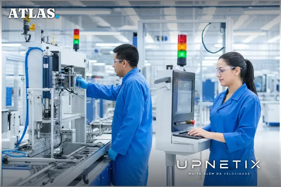 Ambiente industrial automatizado no Polo Industrial de Manaus com sensores conectados e técnicos trabalhando.