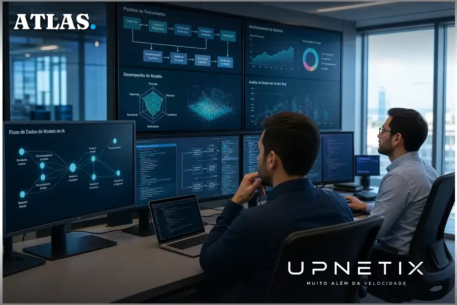 Engenheiros de TI da Anthropic monitorando operações de IA em uma sala de controle moderna.