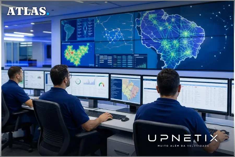 Sala de operações de telecomunicações com técnicos acompanhando rede regional