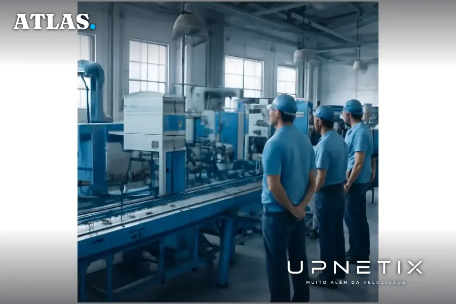 Linha de produção parada em fábrica do Polo Industrial de Manaus durante simulação de ataque cibernético.