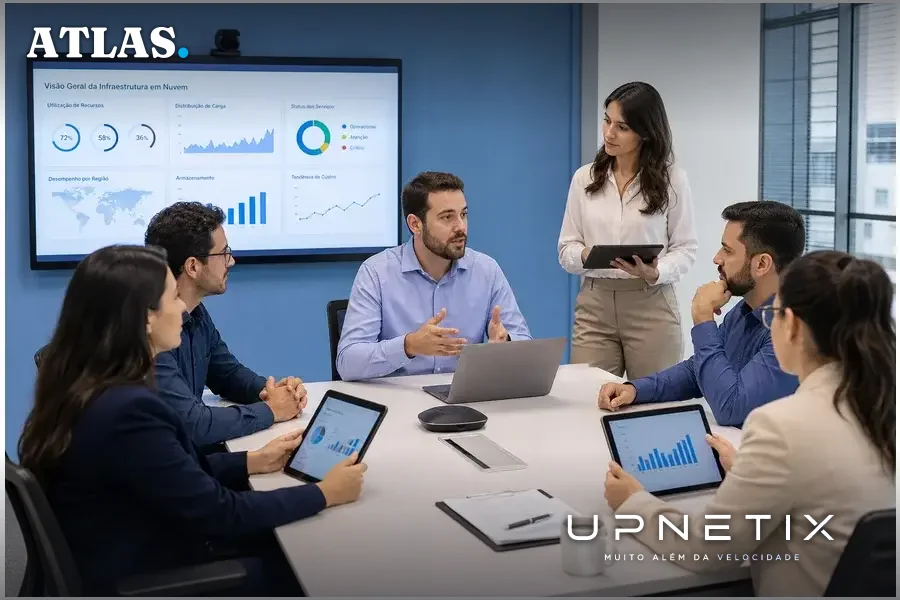 Equipe de TI da Ecogen e consultores da PWS Cloud em reunião colaborativa durante a migração para nuvem gerenciada
