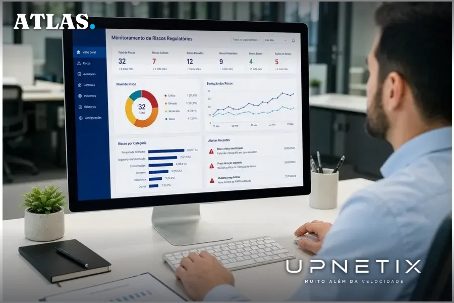 Dashboard corporativo de monitoramento de riscos regulatórios em empresa de tecnologia