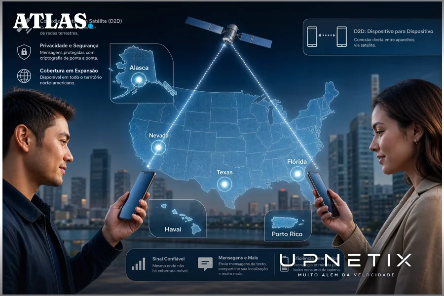 Smartphones conectados via satélite D2D da Globalstar com mapa da cobertura nos EUA.