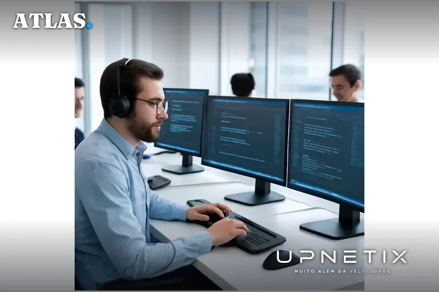 Desenvolvedores trabalhando concentrados em um escritório moderno com múltiplos monitores e dashboards digitais.