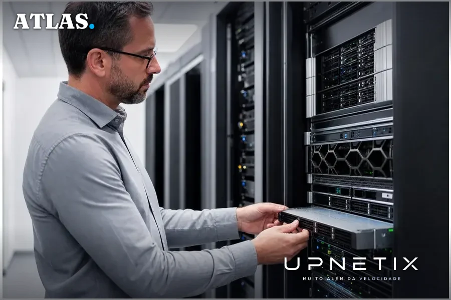 Executivo analisando servidores Dell Technologies em data center corporativo.