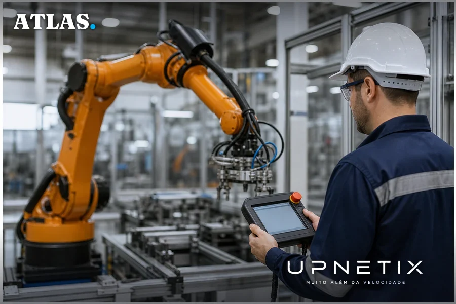 Braço robótico industrial operando em fábrica controlado por sistema automatizado