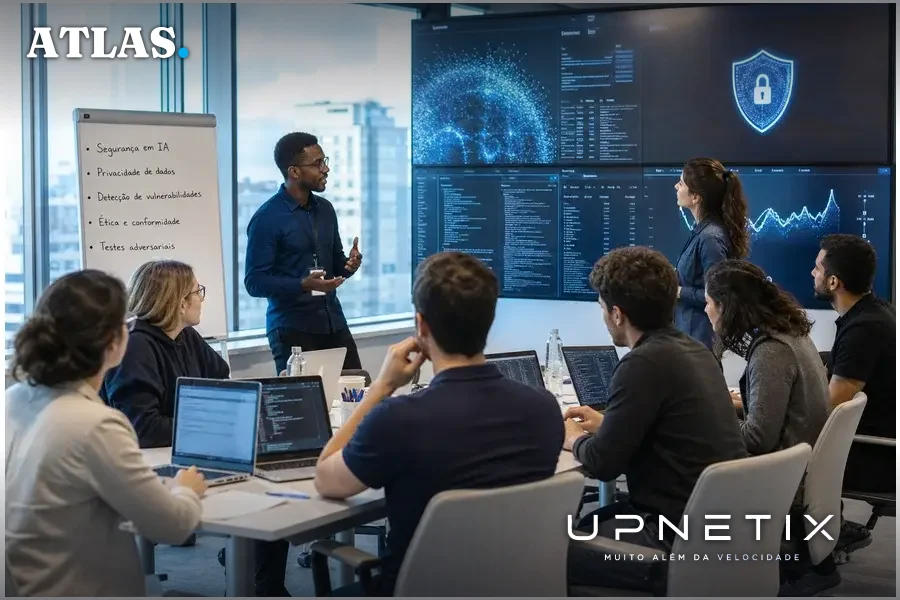 Equipe de profissionais em hackathon de segurança de IA em sala moderna e tecnológica